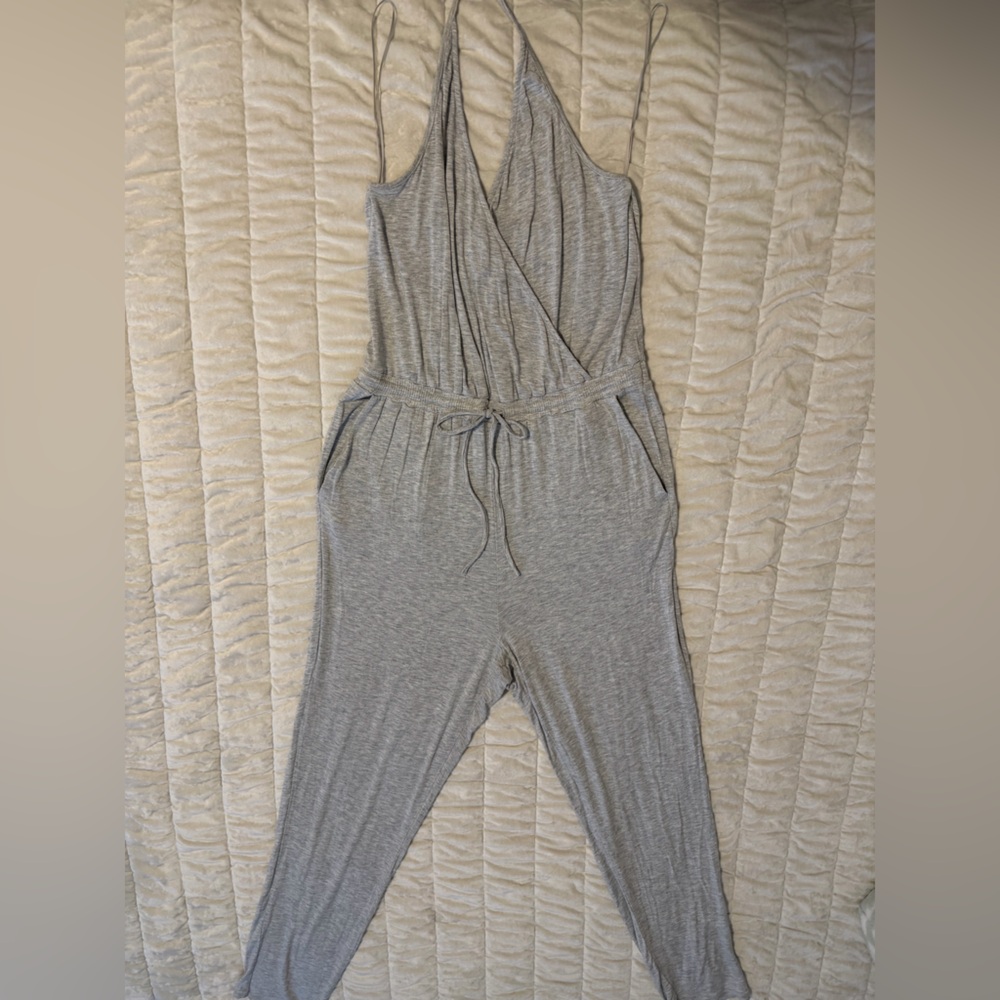 Express Light Gray Sleeveless Drawstring Jumpsuit - image 1
